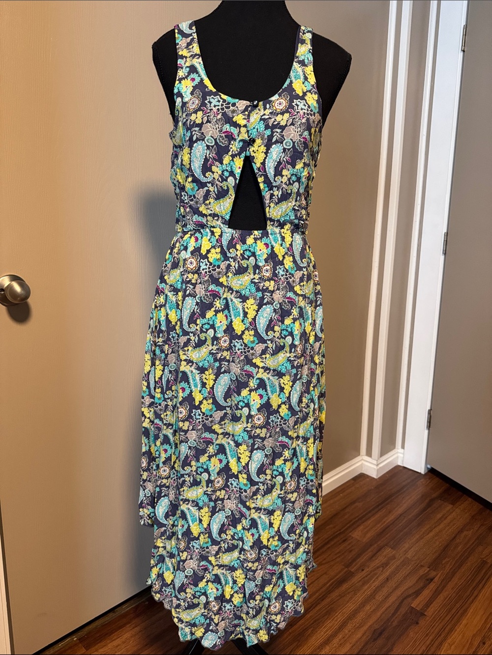 Mudd Sleeveless Paisley Cutout Maxi Dress - Blue, Yellow, Teal